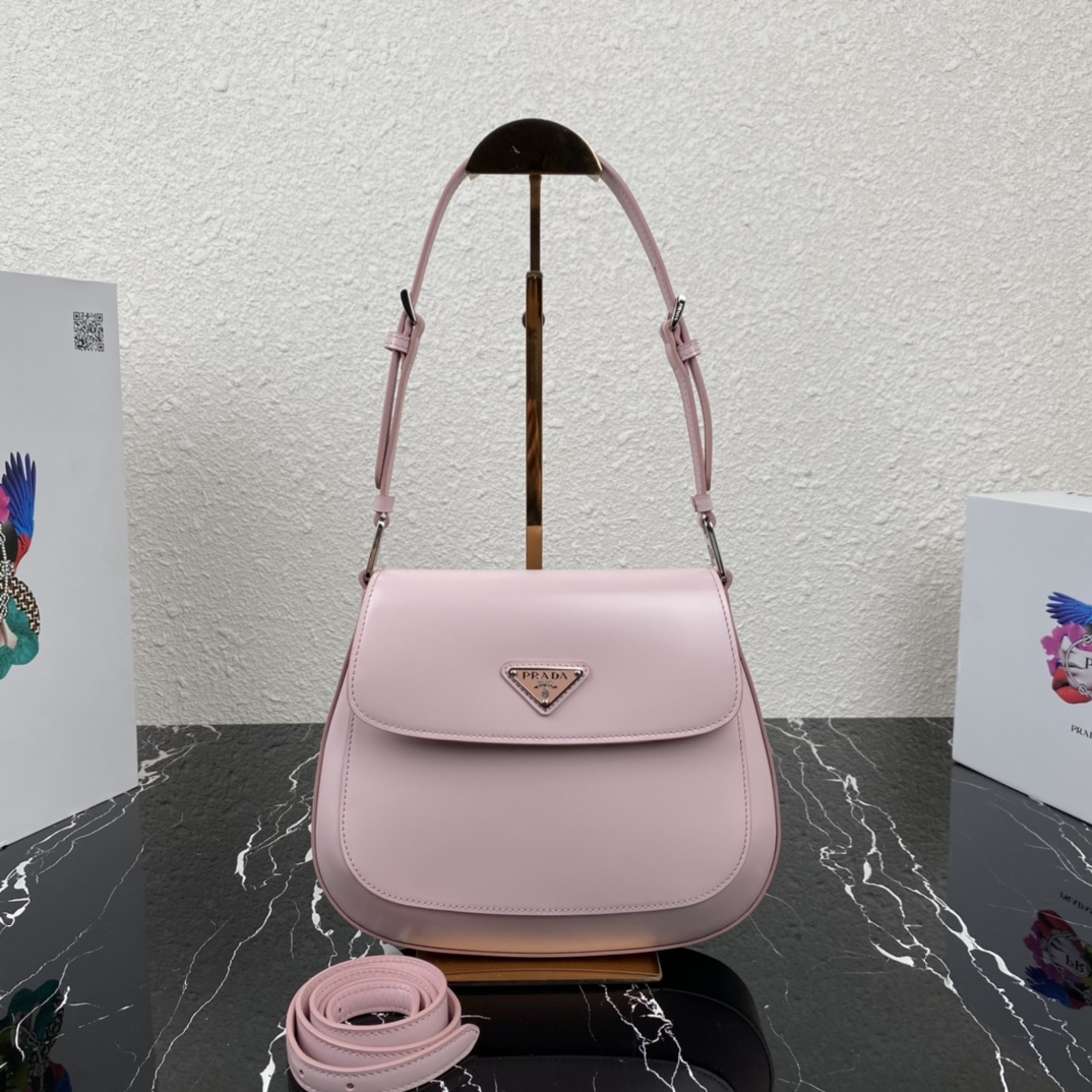 Prada Cleo Brushed Leather Shoulder Bag With Flap Light Pink 1BD303